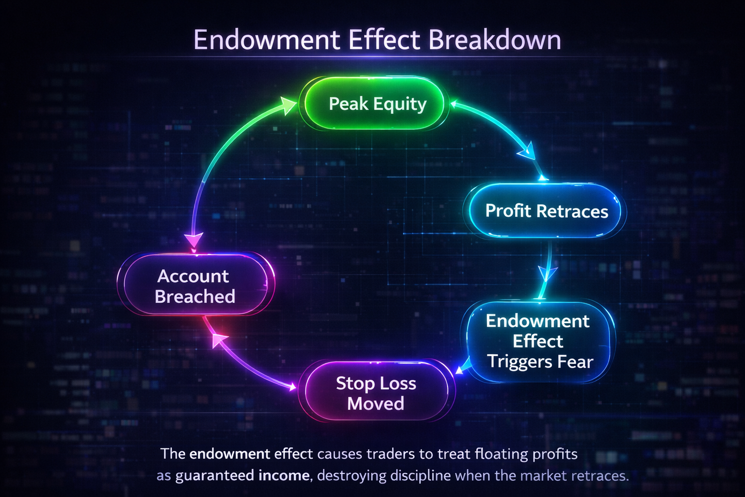 Diagram illustrating the psychological cycle of the endowment effect leading to prop firm challenge failure.