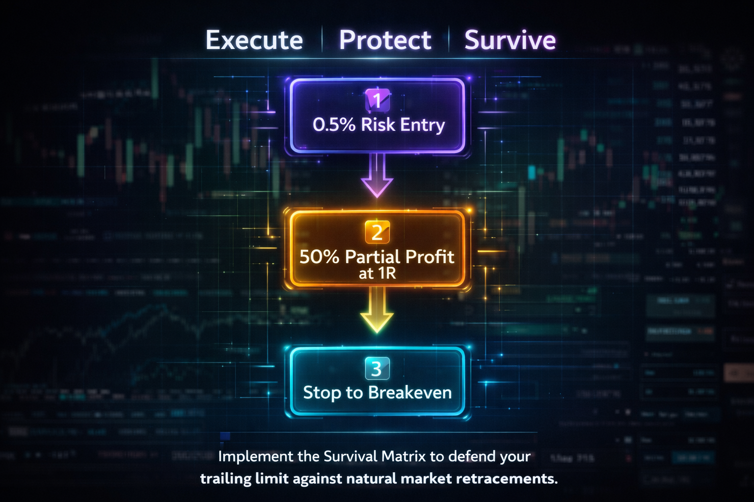 Drawdown Survival Matrix Strategy - 3-step flowchart for prop firm risk management