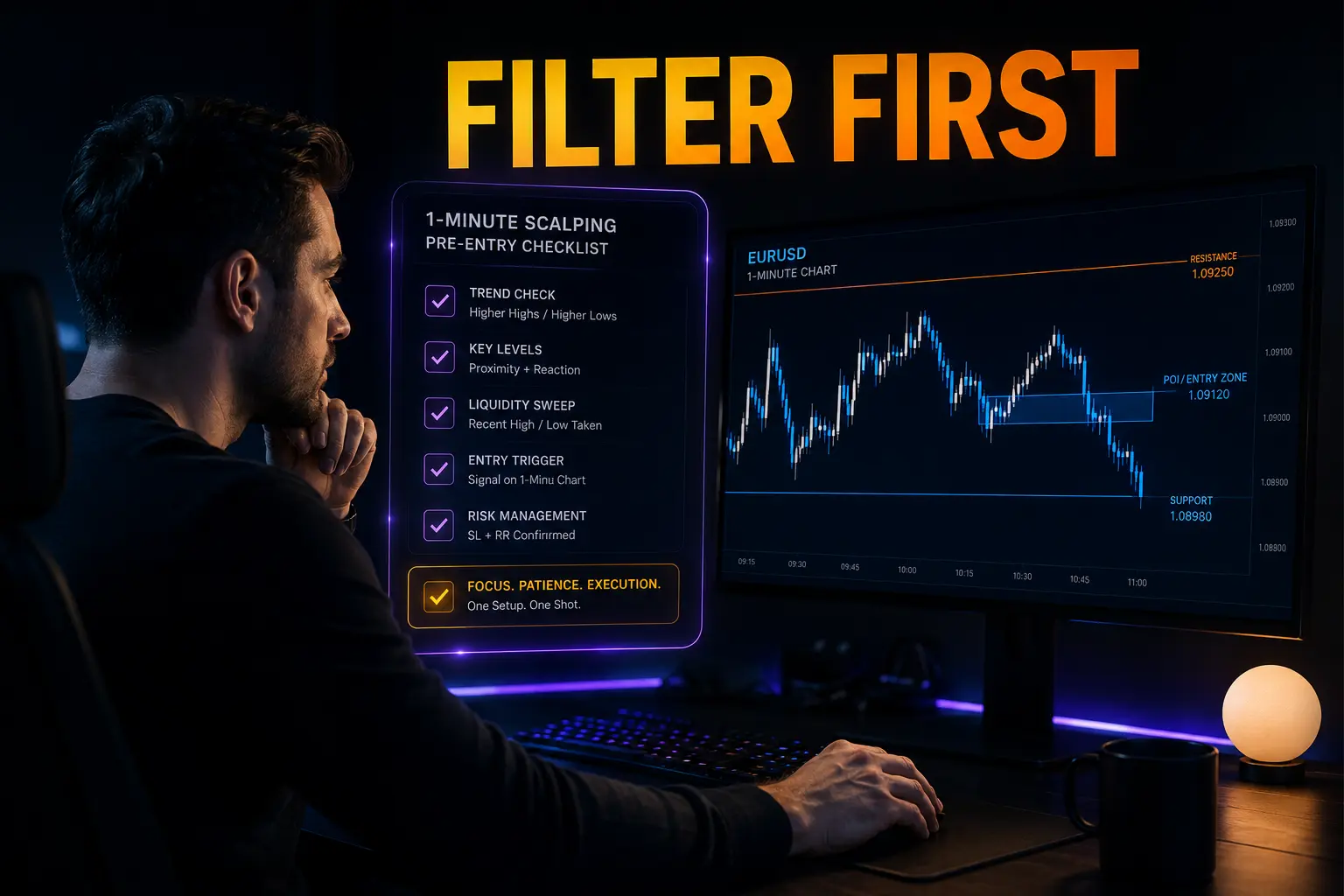 Trader reviewing a clean 1-minute scalping chart before entry
