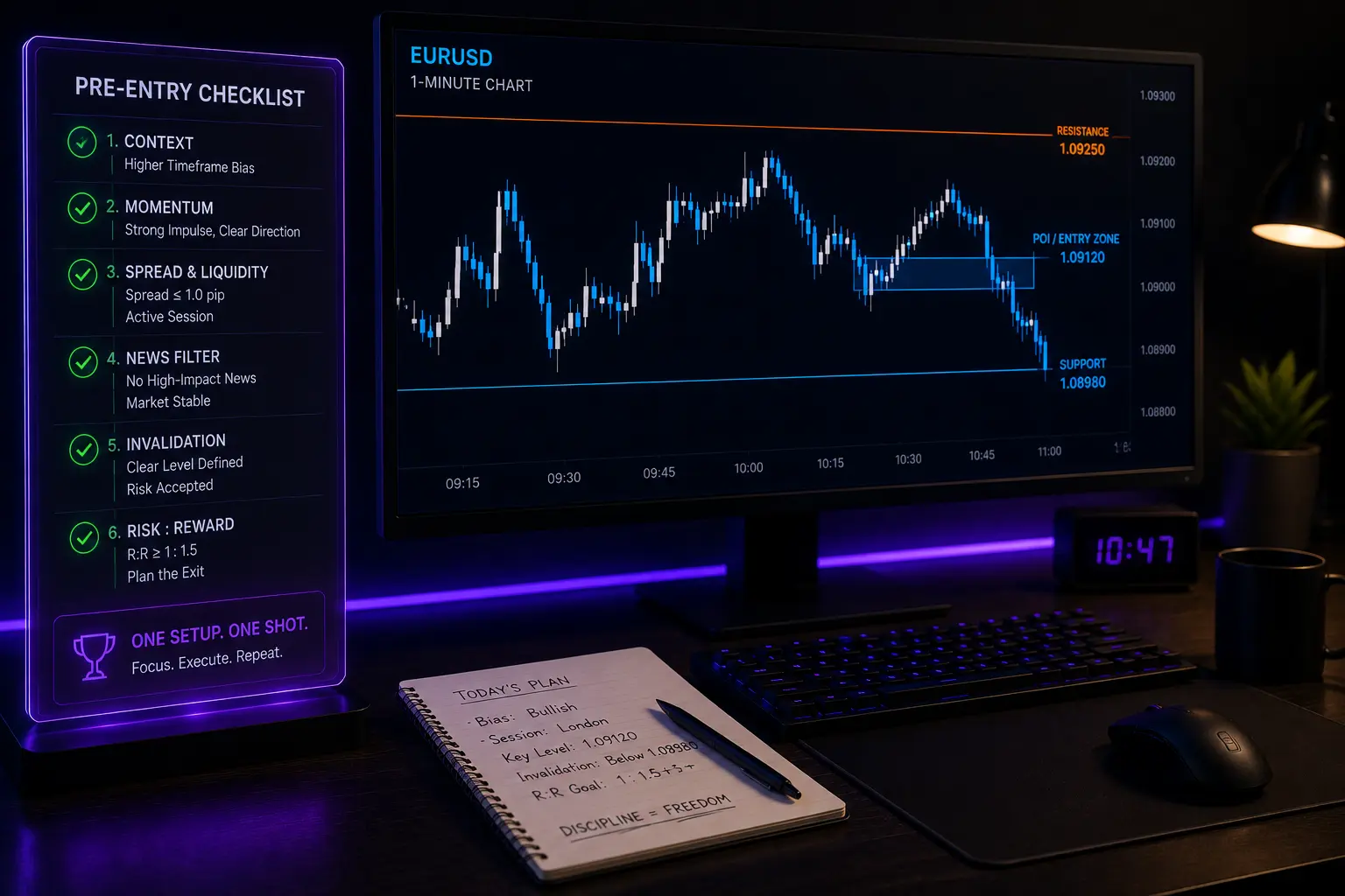 Clean scalping chart with pre-entry checklist beside monitor