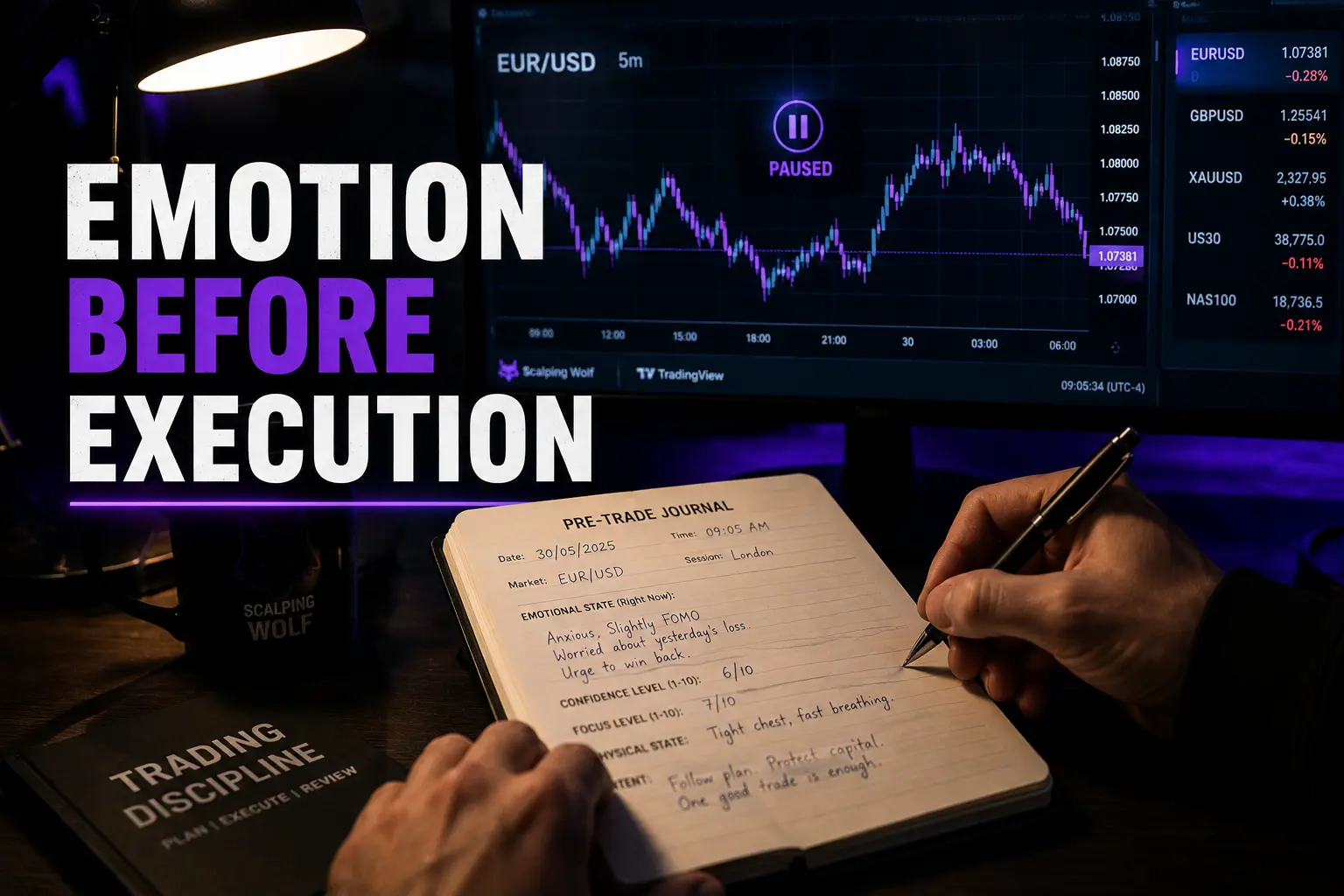 A prop-firm trader writing their emotional state in a trading journal before executing the next forex trade.