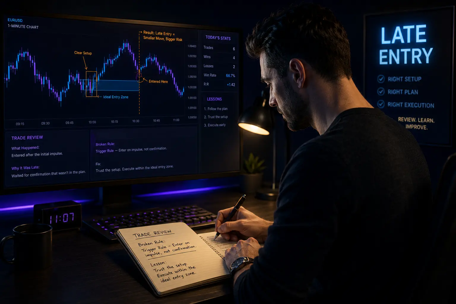 Trader reviewing a late scalping entry on a 1-minute chart
