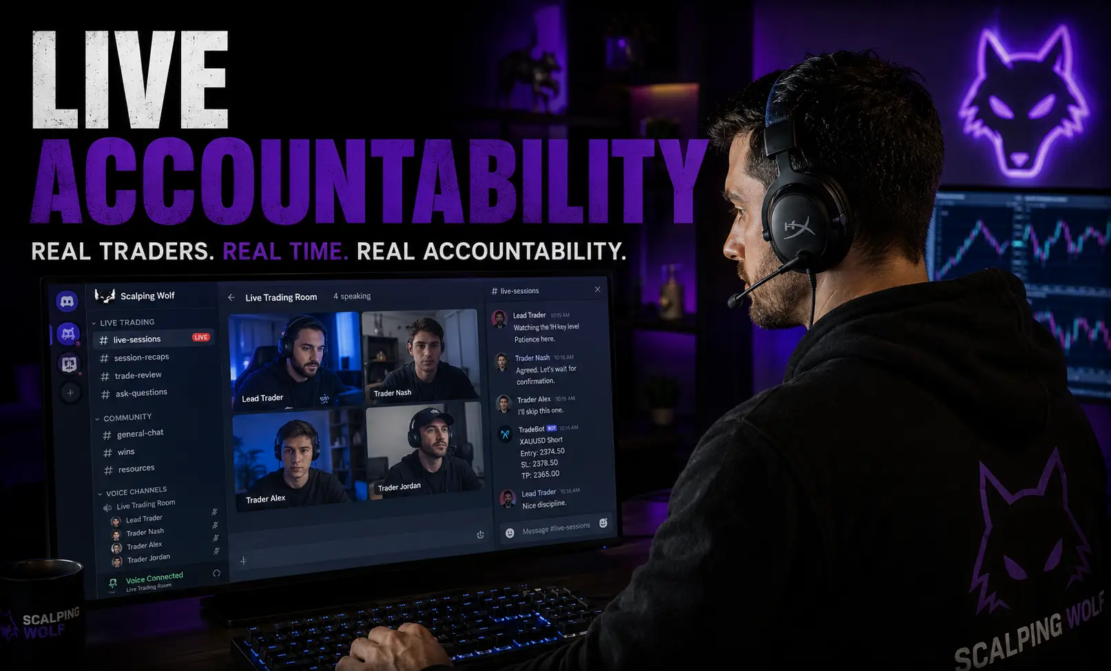 Scalping Wolf Live trader participating in a live Discord accountability session to prevent emotional overtrading.