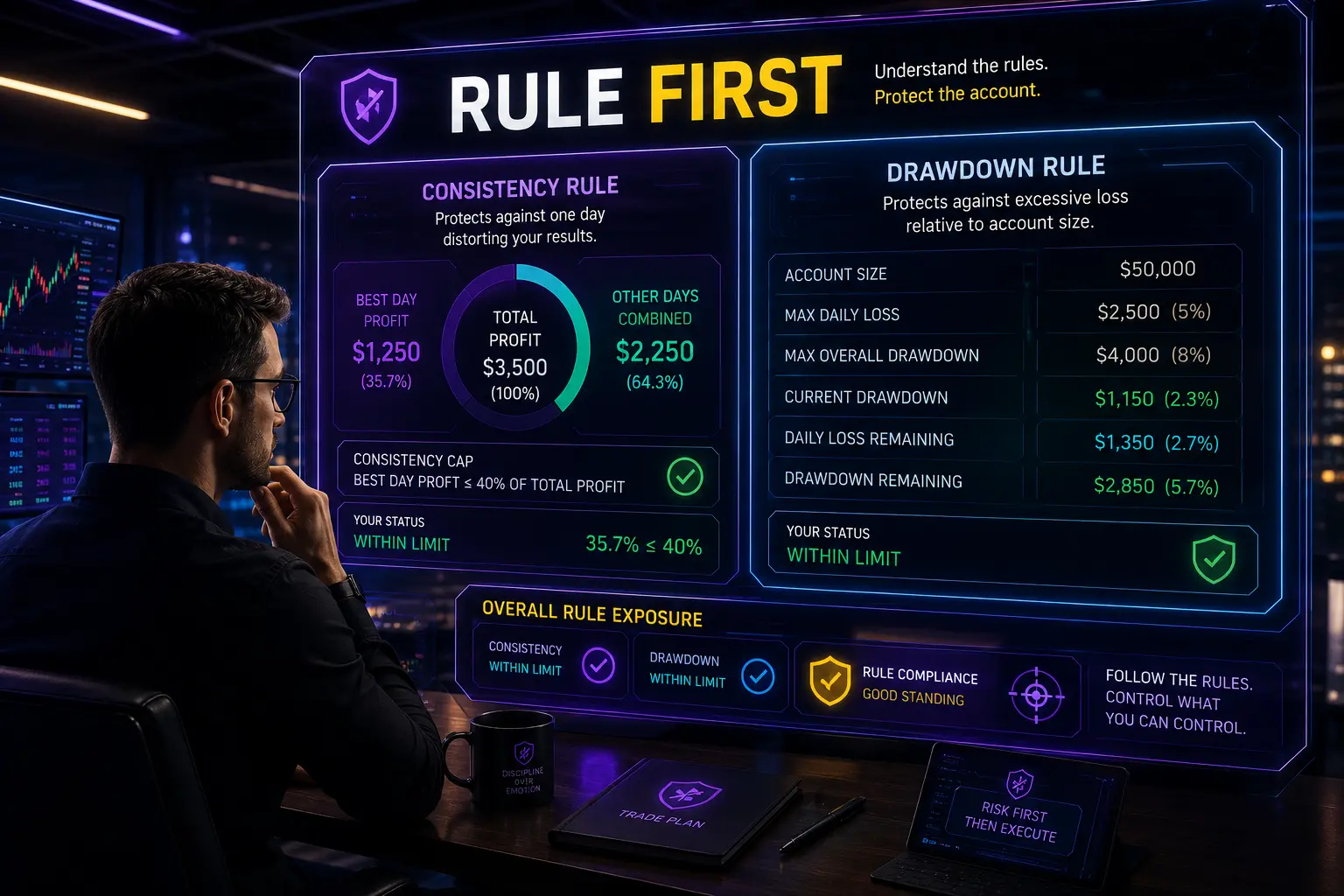 Trader reviewing drawdown and consistency rules on a dark trading dashboard