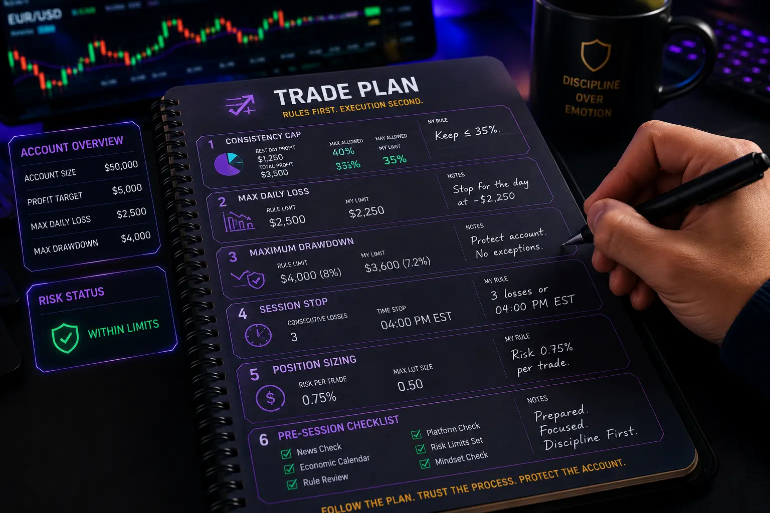 Scalper writing a prop-firm rule journal before trading