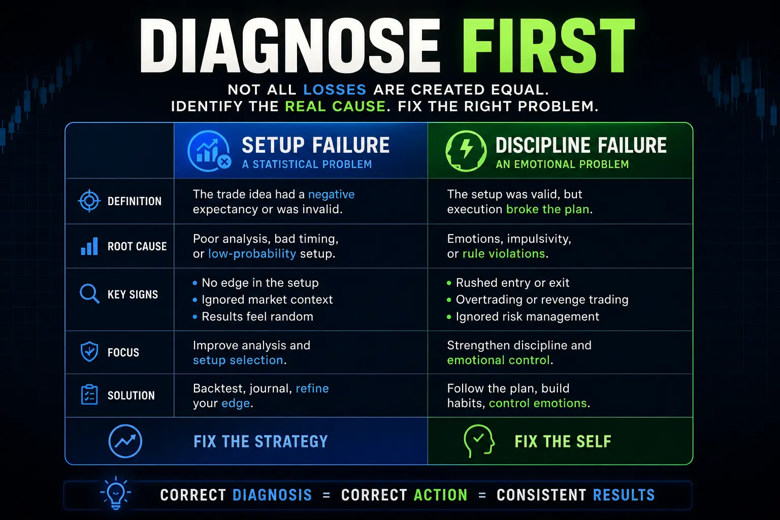Infographic table comparing a statistical setup failure against an emotional discipline failure in forex trading.