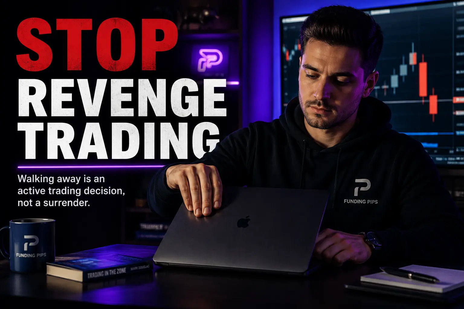 A prop-firm trader calmly closing their laptop after two losses to stop revenge trading psychology.