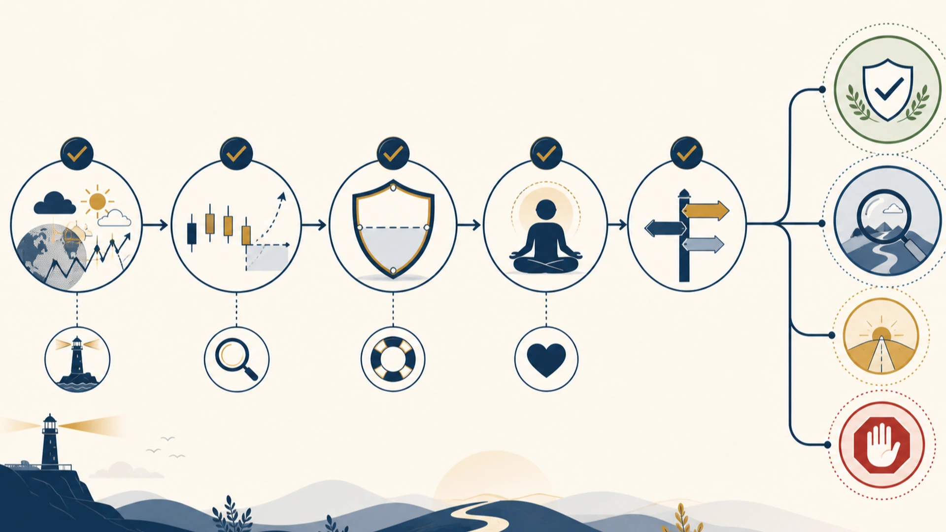 Visualise five pre-click checkpoints and four bounded decision branches without implying a signal. Five visual checkpoints lead to proceed, wait, skip or cancel-and-reassess branches.