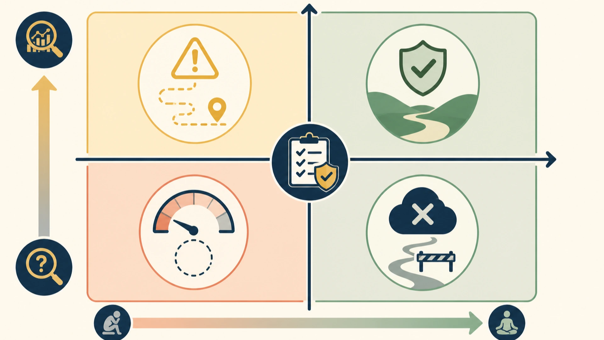 Show that setup evidence and trader readiness are separate checks and that reassessment or passing remain valid outcomes. Decision matrix compares setup evidence with readiness and highlights reassess or pass routes.