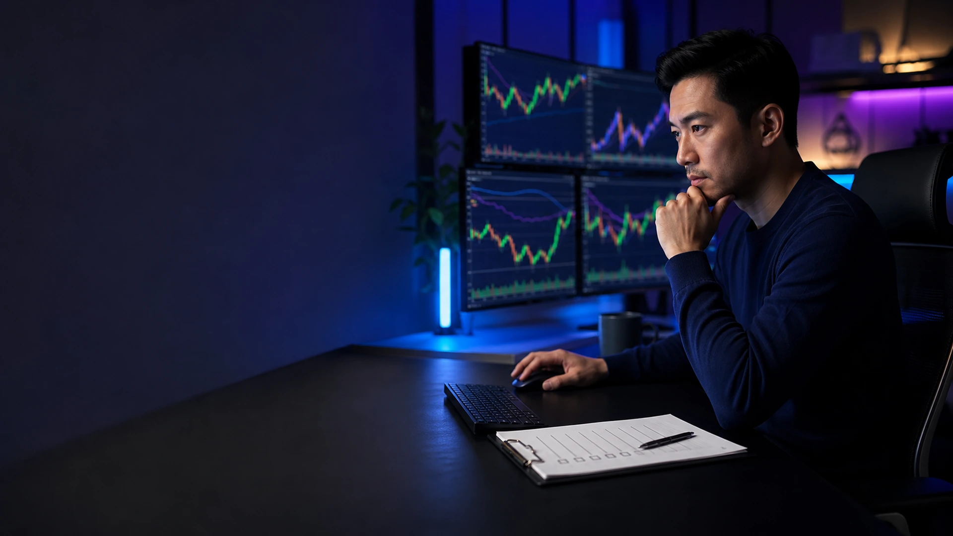 Show a deliberate pause between noticing a setup and clicking, with the checklist visible as a process aid. Trader pauses above a mouse while checking a written pre-commitment list.