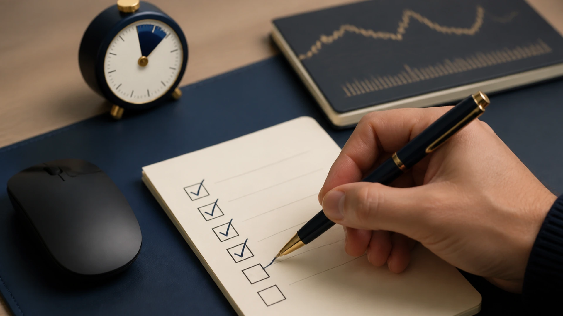 Reinforce writing the trigger and response before pressure appears. Hand marks a blank checklist beside an inactive mouse and a timer.