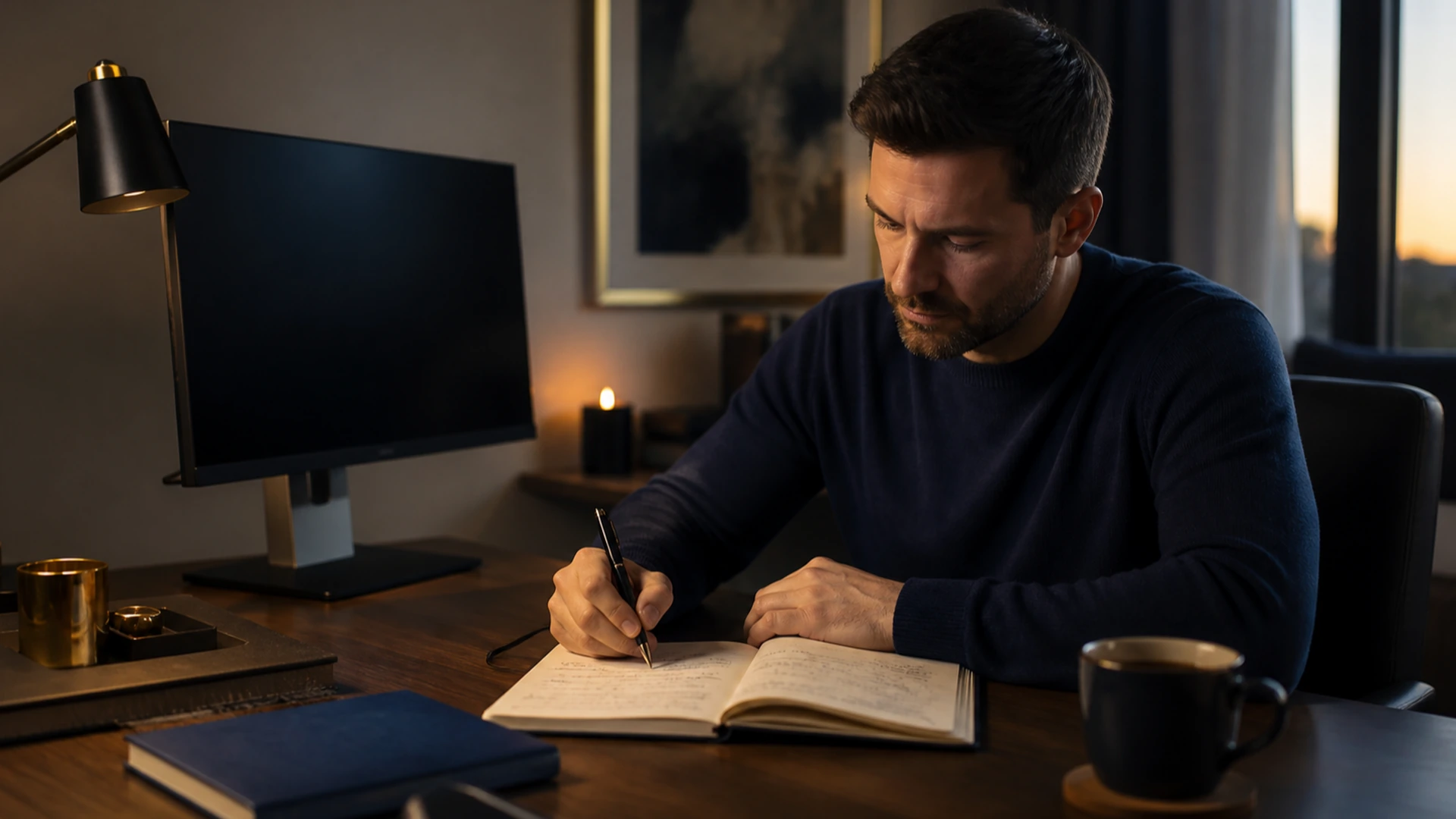 Show calm post-decision review focused on process evidence rather than profit and loss. Trader calmly reviews a handwritten journal beside an inactive monitor.