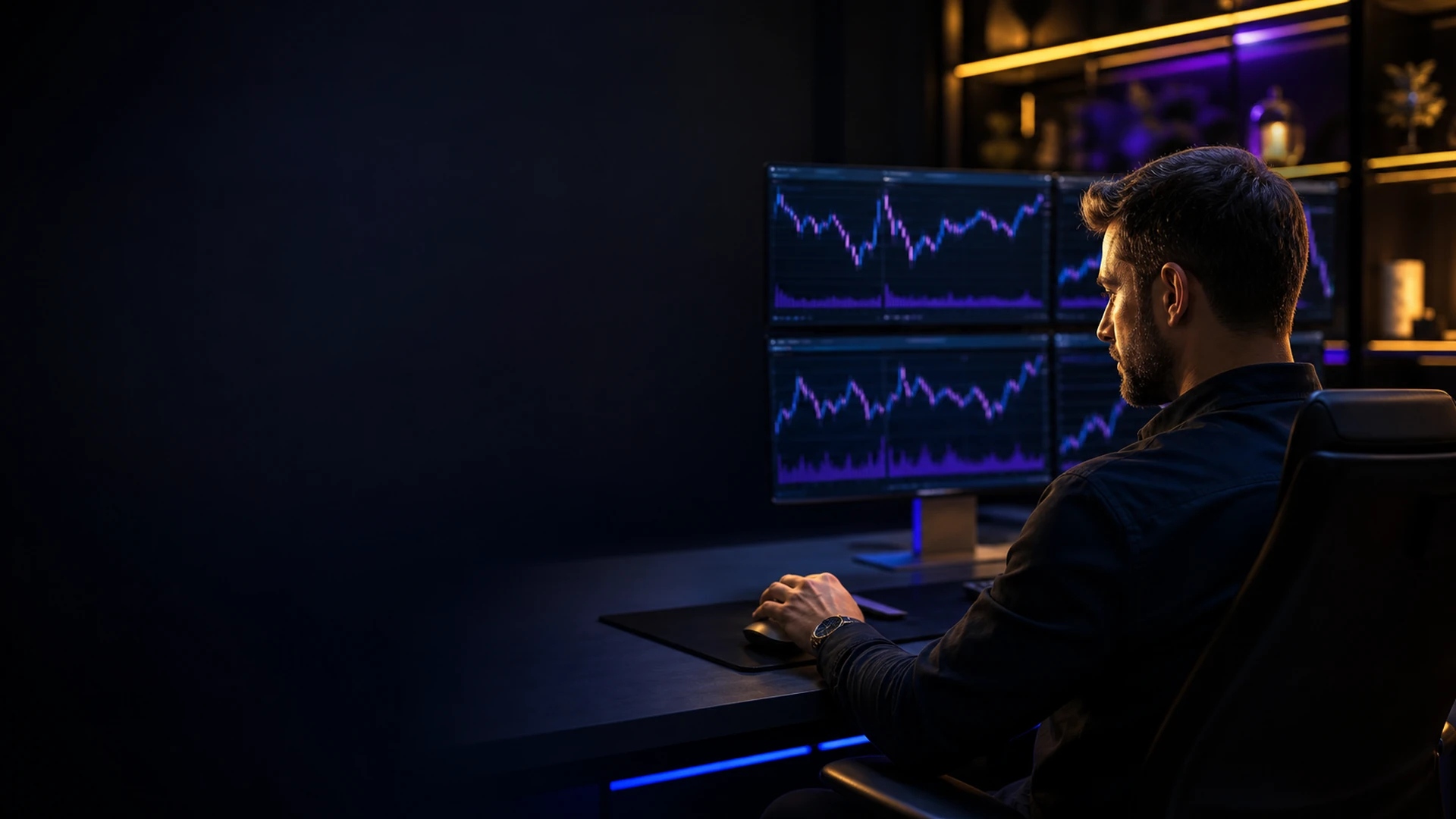 Filter Noise First A trader reviewing a one-minute chart with clear negative space reserved for the FILTER NOISE FIRST headline