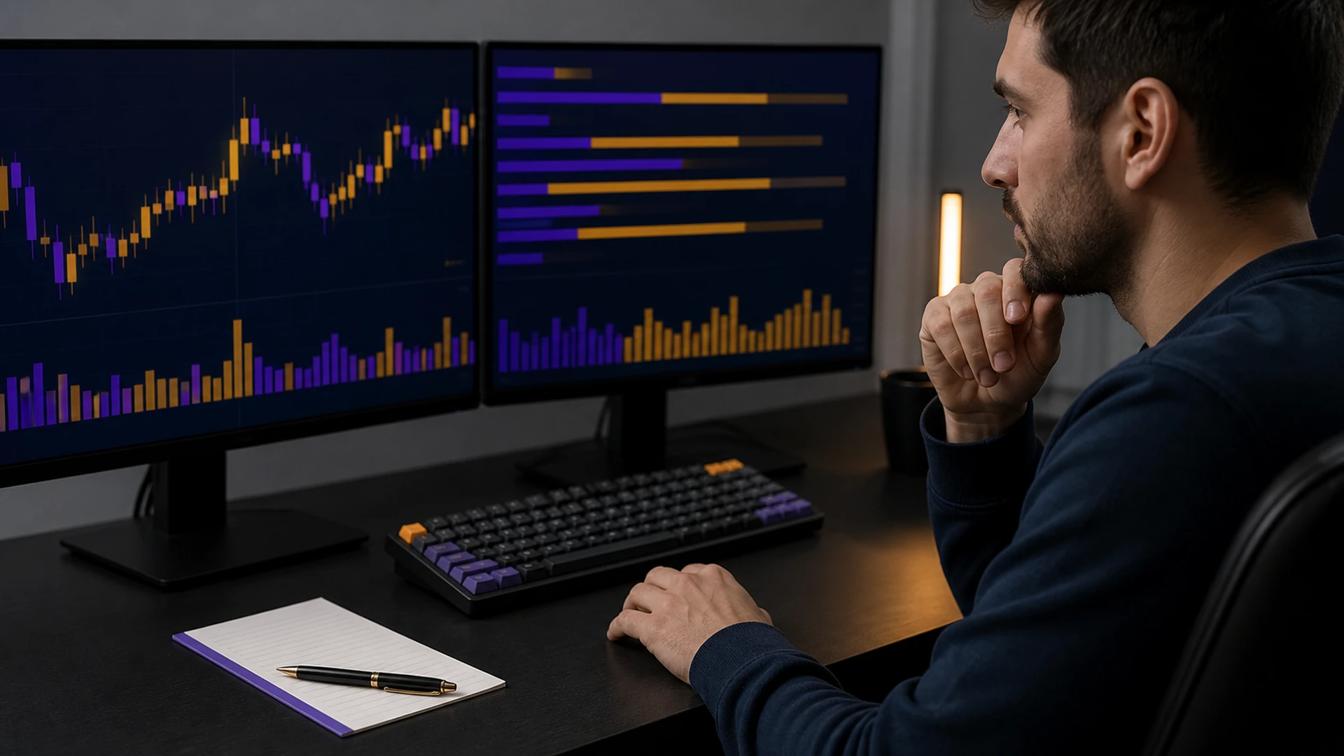 Pause Before Execution A trader pausing to compare execution conditions across two monitors before acting