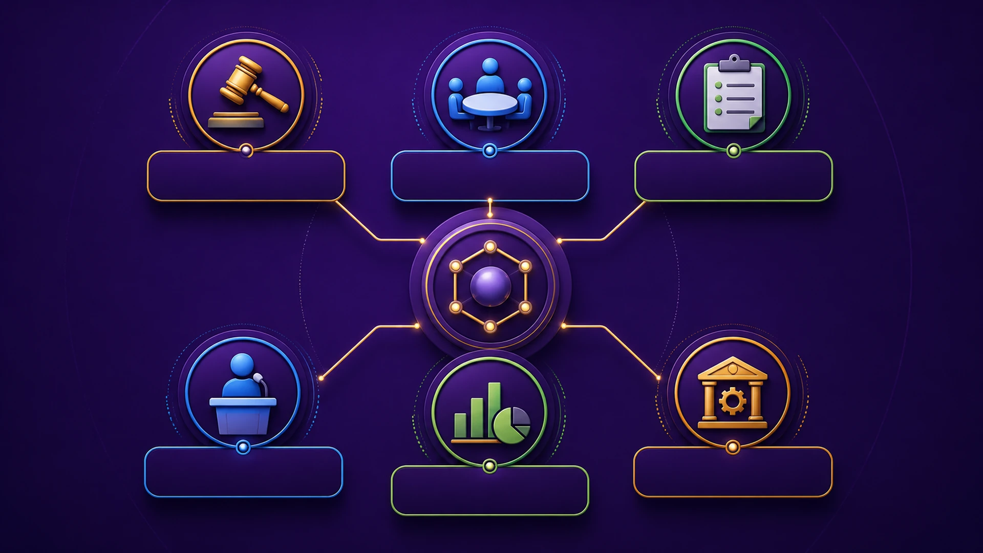 Separate six event classes with equal visual weight and no implied importance ranking. Six equal branches separate decisions, meetings, records, speeches, releases and operations