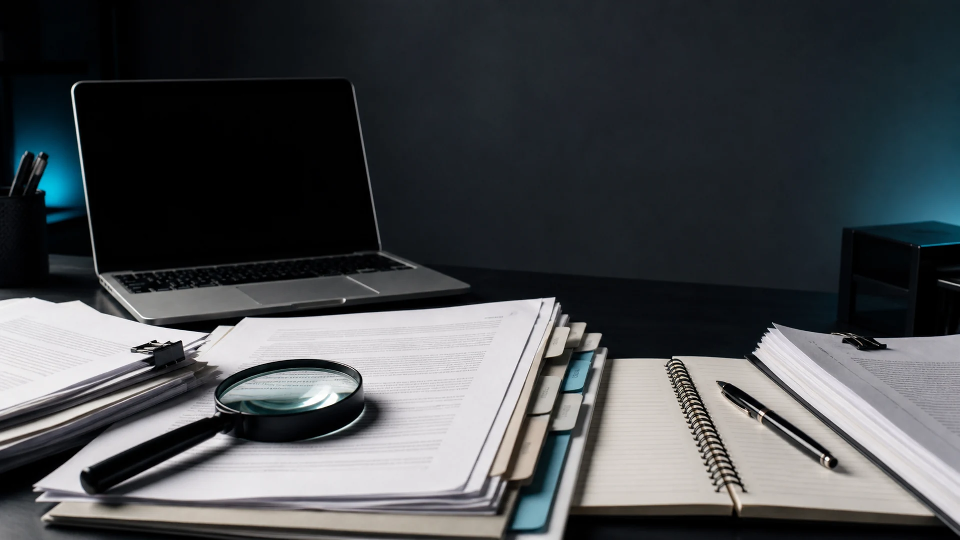Show a disciplined rule-version audit desk with documents, a blank laptop and magnifying glass while reserving clean negative space for a separate editable overlay. Rule-version audit desk with documents, laptop and magnifying glass
