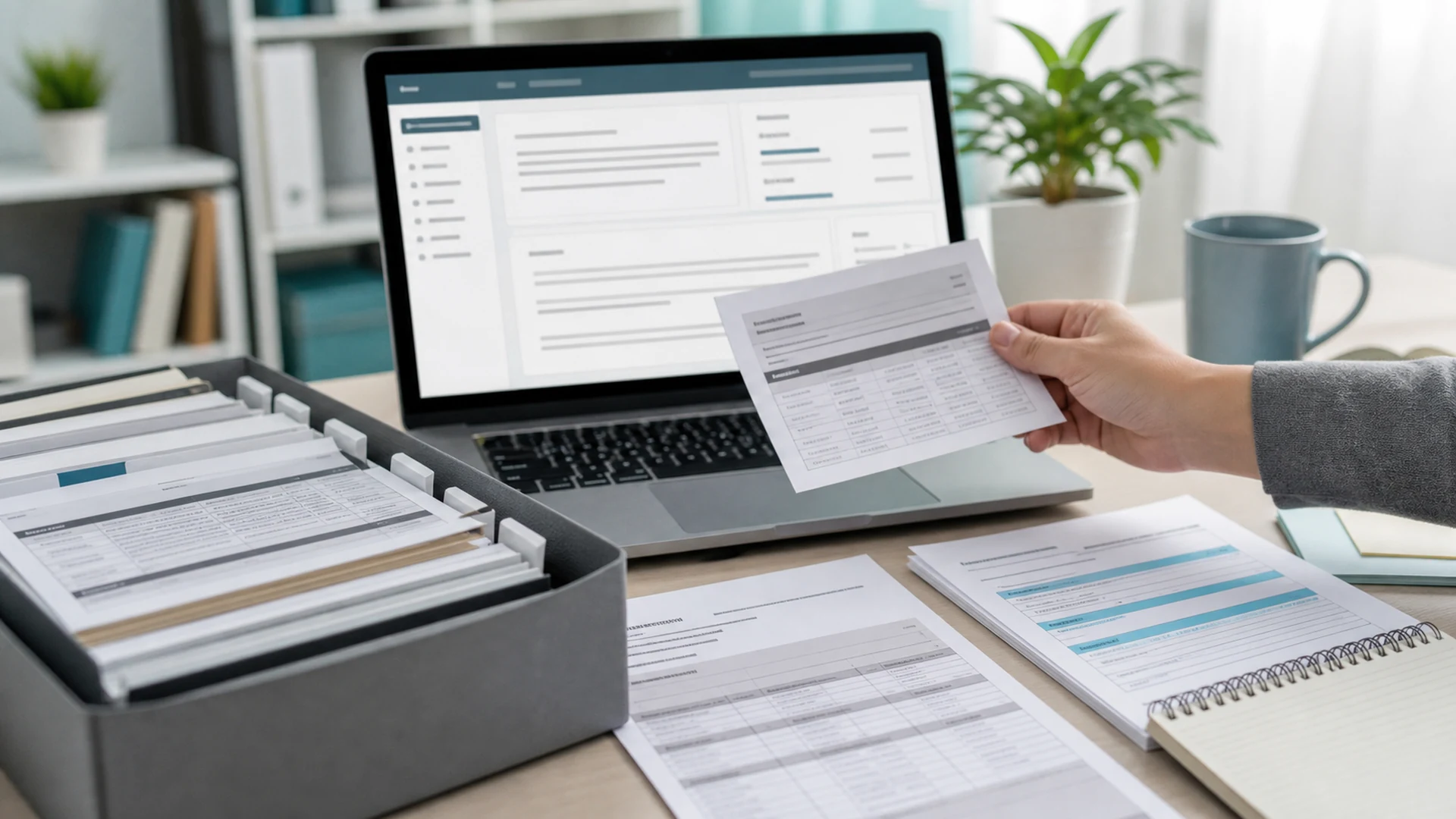 Show a careful like-for-like comparison between a digital record and preserved paper evidence. Person compares a digital rule record with preserved paper account evidence