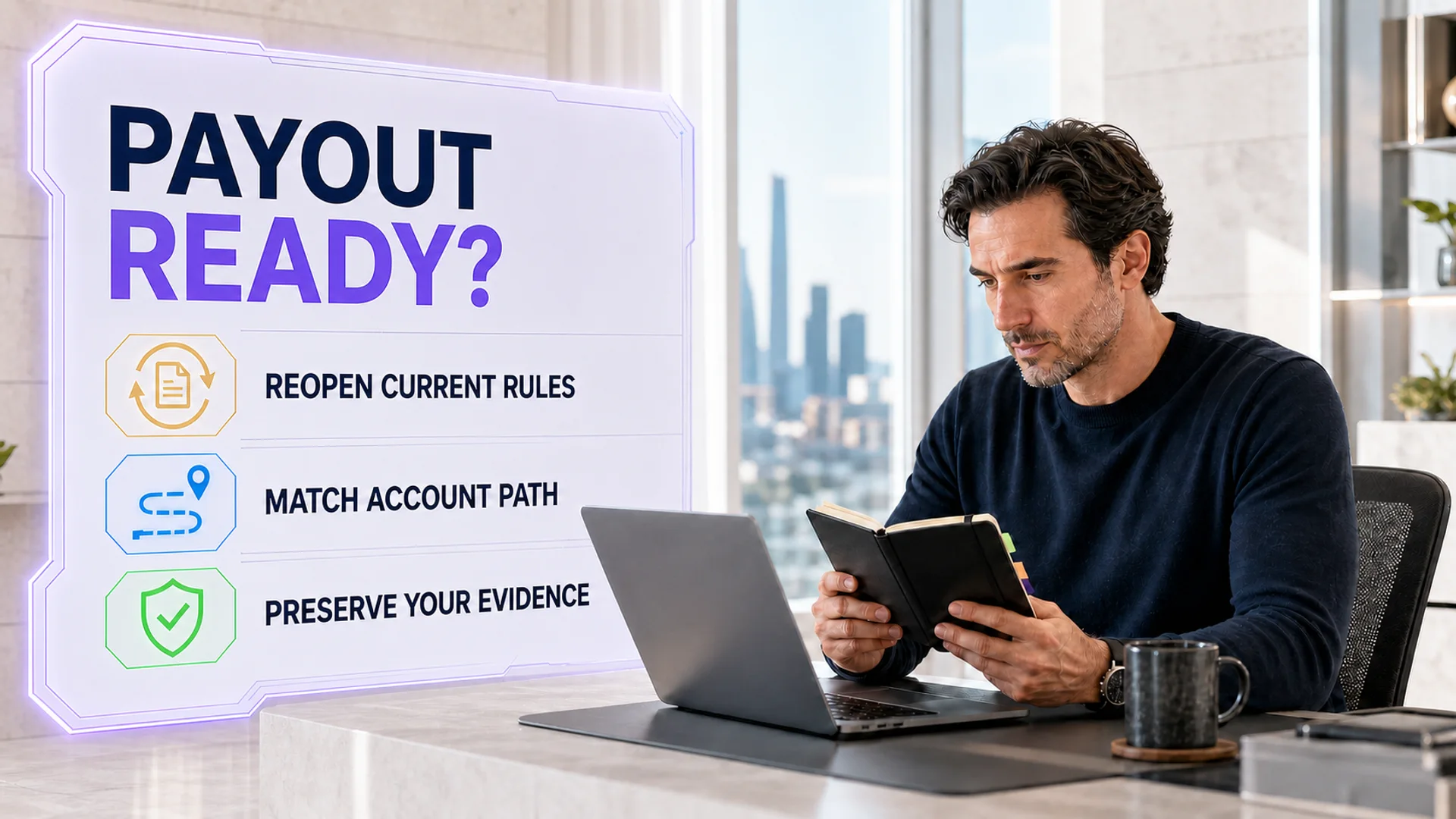 Trader reopening current prop-firm payout rules and matching the account path before a payout request.