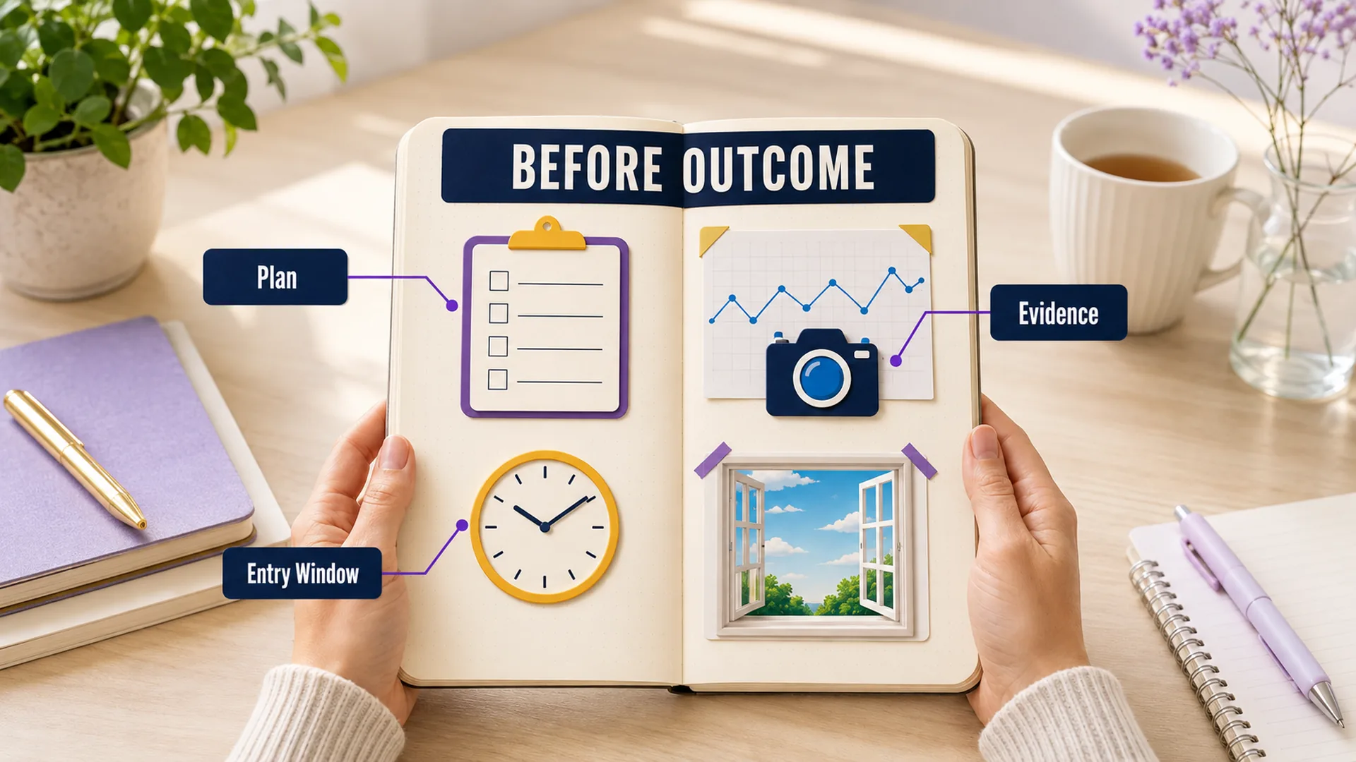 Hands preserve a trading plan, contemporaneous evidence and entry-window record before reviewing the outcome.