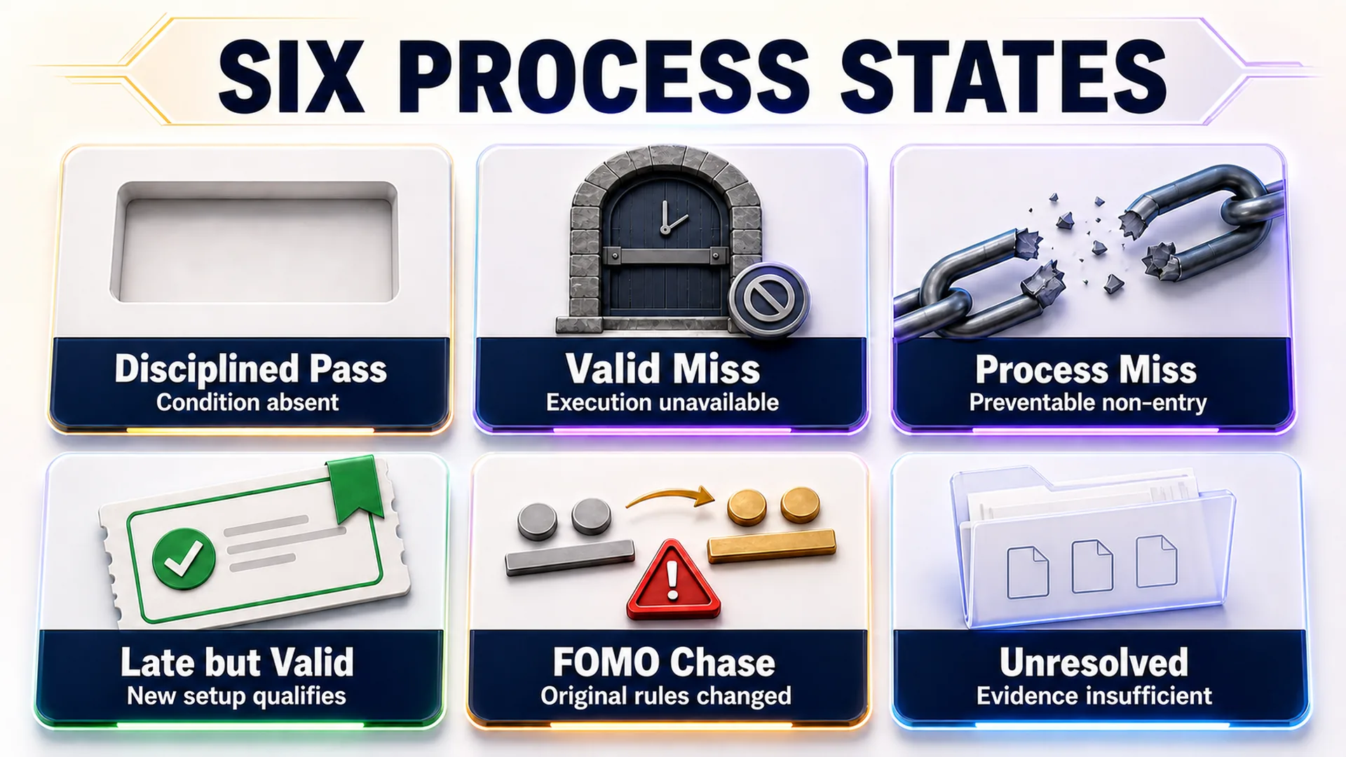 Six-state framework distinguishing a disciplined pass, valid miss, process miss, late valid setup, FOMO chase and unresolved case.